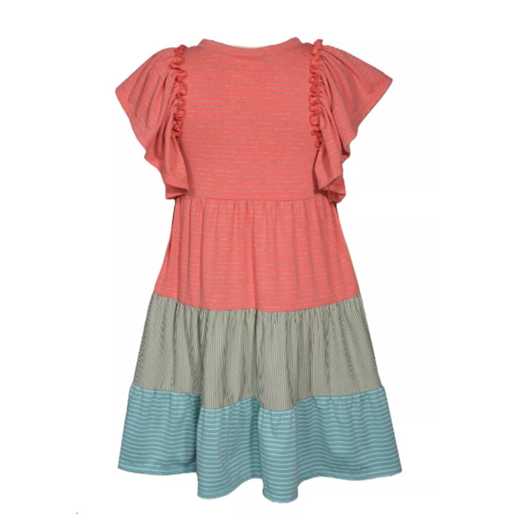 Bonnie Jean Girls 6 Tiered Stripe Ruffle Sleeve Dress Pink Blue EUC Summer